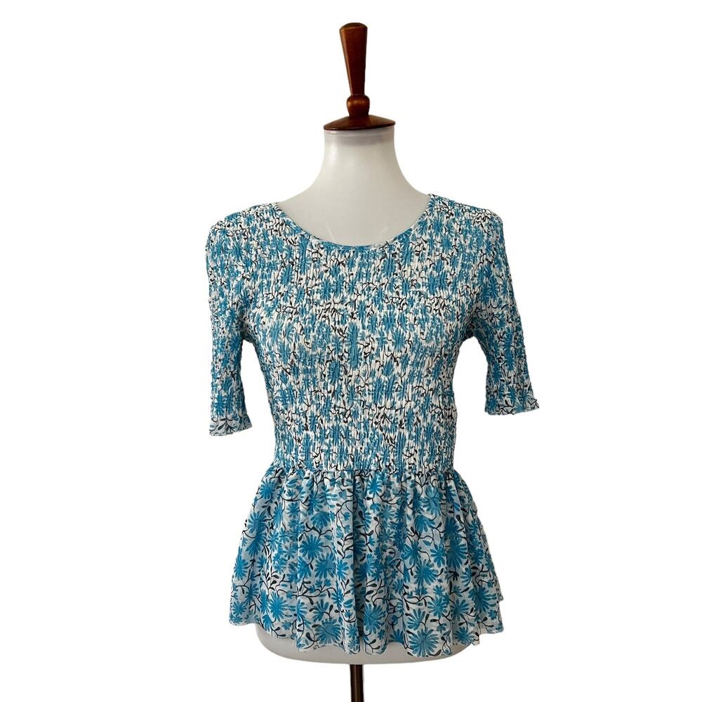 Blue Floral Smocked Women's Top
